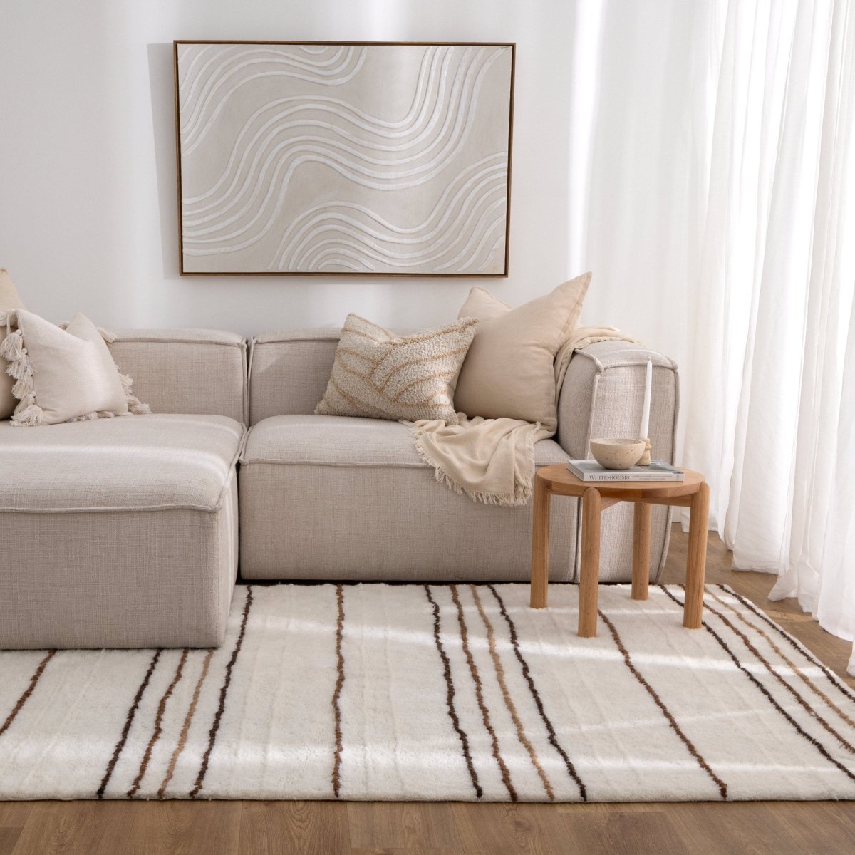Noola Beige Stripe Washable Wool Rug